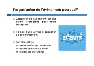 L’organisation de l’évènement: pourquoi?
 Organiser un évènement est une
action stratégique pour toute
entreprise.
 Il s’agit d’une véritable opération
de communication.
 Il s’agit d’une véritable opération
de communication.
 Son rôle est de:
 booster son image de marque
 recruter de nouveaux clients
 fidéliser ses partenaires
 