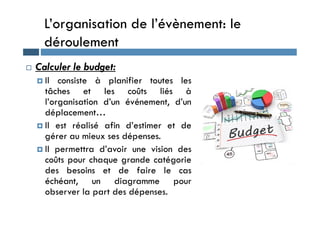 L’organisation de l’évènement: le
déroulement
 Calculer le budget:
 Il consiste à planifier toutes les
tâches et les coûts liés à
l’organisation d’un événement, d’un
déplacement…
déplacement…
 Il est réalisé afin d’estimer et de
gérer au mieux ses dépenses.
 Il permettra d’avoir une vision des
coûts pour chaque grande catégorie
des besoins et de faire le cas
échéant, un diagramme pour
observer la part des dépenses.
 