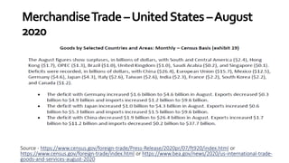 MerchandiseTrade–UnitedStates–August
2020
Source - https://www.census.gov/foreign-trade/Press-Release/2020pr/07/ft920/index.html or
https://www.census.gov/foreign-trade/index.html or https://www.bea.gov/news/2020/us-international-trade-
goods-and-services-august-2020
 