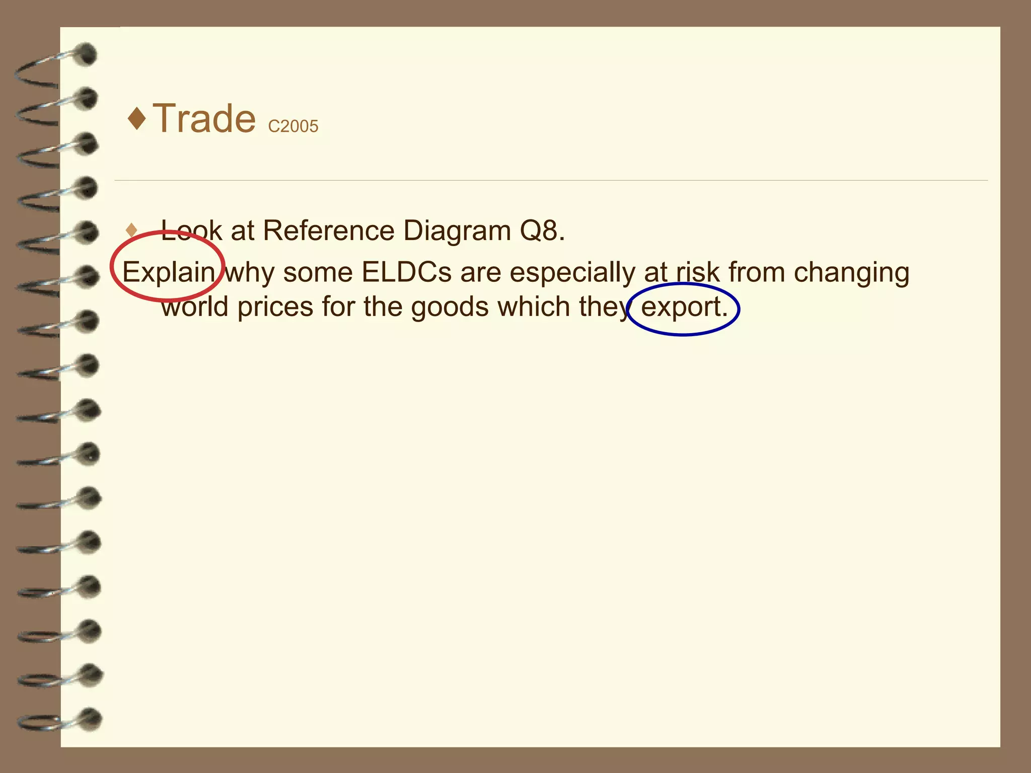 Trade C2005 Look at Reference Diagram Q8. Explain why some ELDCs are especially at risk from changing world prices for the goods which they export.
