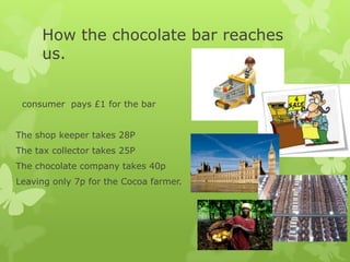 How the chocolate bar reaches
us.
consumer pays £1 for the bar
The shop keeper takes 28P
The tax collector takes 25P
The chocolate company takes 40p
Leaving only 7p for the Cocoa farmer.
 