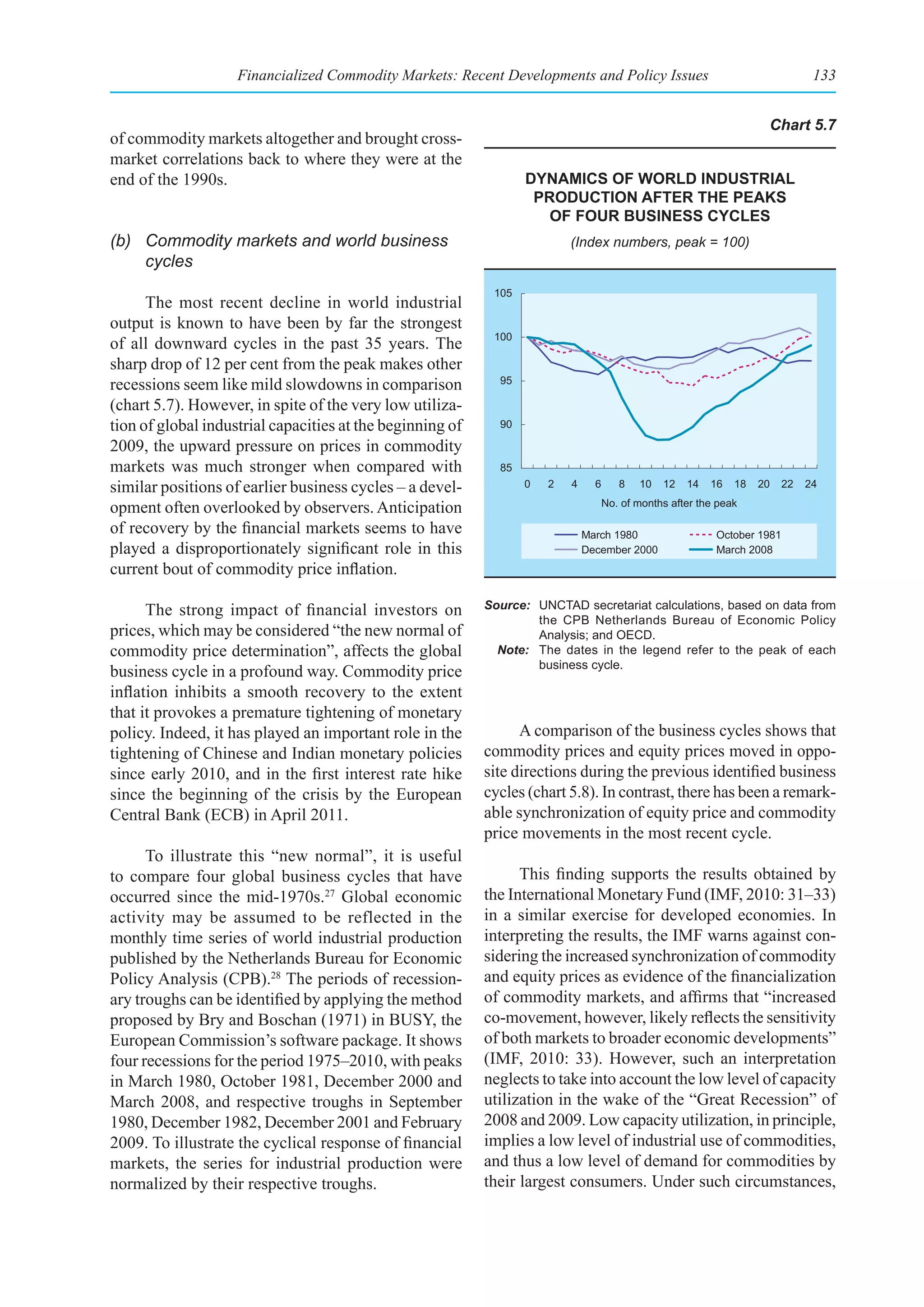 Financialized Commodity Markets: Recent Developments and Policy Issues                                      133


                                                                                                                     Chart 5.7
of commodity markets altogether and brought cross-
market correlations back to where they were at the
end of the 1990s.                                                 dynamICs of World IndustrIal
                                                                   produCtIon after the peaks
                                                                     of four busIness CyCles
(b) Commodity markets and world business                                  (Index numbers, peak = 100)
    cycles
                                                            105
      The most recent decline in world industrial
output is known to have been by far the strongest
                                                            100
of all downward cycles in the past 35 years. The
sharp drop of 12 per cent from the peak makes other
recessions seem like mild slowdowns in comparison            95

(chart 5.7). However, in spite of the very low utiliza-
tion of global industrial capacities at the beginning of     90

2009, the upward pressure on prices in commodity
markets was much stronger when compared with                 85
similar positions of earlier business cycles – a devel-           0   2   4     6      8   10   12   14   16   18   20    22   24

opment often overlooked by observers. Anticipation                                  No. of months after the peak

of recovery by the financial markets seems to have                            March 1980                   October 1981
played a disproportionately significant role in this                          December 2000                March 2008
current bout of commodity price inflation.

      The strong impact of financial investors on          Source: UNCTAD secretariat calculations, based on data from
                                                                   the CPB Netherlands Bureau of Economic Policy
prices, which may be considered “the new normal of                 Analysis; and OECD.
commodity price determination”, affects the global           Note: The dates in the legend refer to the peak of each
                                                                   business cycle.
business cycle in a profound way. Commodity price
inflation inhibits a smooth recovery to the extent
that it provokes a premature tightening of monetary
policy. Indeed, it has played an important role in the           A comparison of the business cycles shows that
tightening of Chinese and Indian monetary policies         commodity prices and equity prices moved in oppo-
since early 2010, and in the first interest rate hike      site directions during the previous identified business
since the beginning of the crisis by the European          cycles (chart 5.8). In contrast, there has been a remark-
Central Bank (ECB) in April 2011.                          able synchronization of equity price and commodity
                                                           price movements in the most recent cycle.
      To illustrate this “new normal”, it is useful
to compare four global business cycles that have                 This finding supports the results obtained by
occurred since the mid-1970s.27 Global economic            the International Monetary Fund (IMF, 2010: 31–33)
activity may be assumed to be reflected in the             in a similar exercise for developed economies. In
monthly time series of world industrial production         interpreting the results, the IMF warns against con-
published by the Netherlands Bureau for Economic           sidering the increased synchronization of commodity
Policy Analysis (CPB).28 The periods of recession-         and equity prices as evidence of the financialization
ary troughs can be identified by applying the method       of commodity markets, and affirms that “increased
proposed by Bry and Boschan (1971) in BUSY, the            co-movement, however, likely reflects the sensitivity
European Commission’s software package. It shows           of both markets to broader economic developments”
four recessions for the period 1975–2010, with peaks       (IMF, 2010: 33). However, such an interpretation
in March 1980, October 1981, December 2000 and             neglects to take into account the low level of capacity
March 2008, and respective troughs in September            utilization in the wake of the “Great Recession” of
1980, December 1982, December 2001 and February            2008 and 2009. Low capacity utilization, in principle,
2009. To illustrate the cyclical response of financial     implies a low level of industrial use of commodities,
markets, the series for industrial production were         and thus a low level of demand for commodities by
normalized by their respective troughs.                    their largest consumers. Under such circumstances,
 