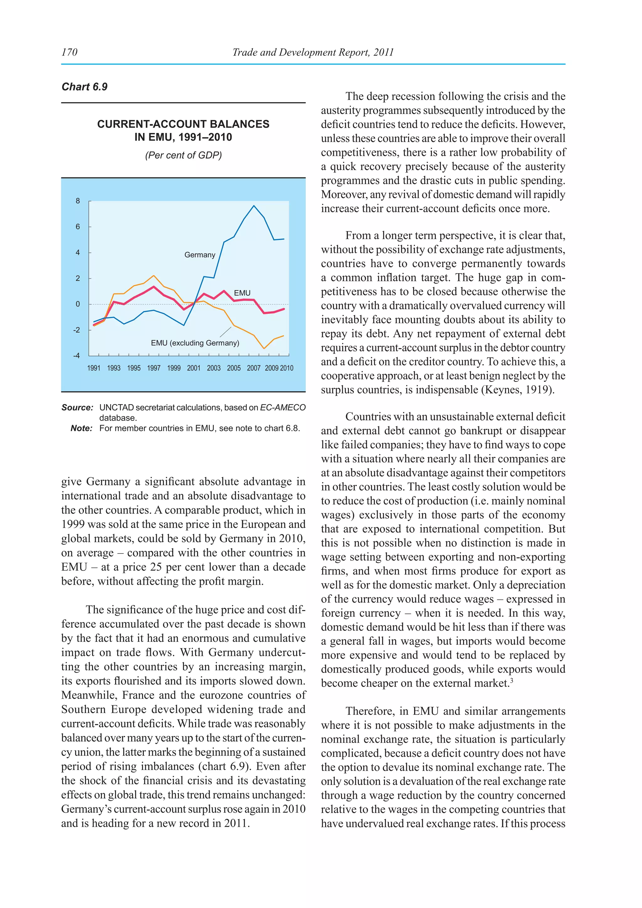 170                                         Trade and Development Report, 2011


Chart 6.9
                                                                      The deep recession following the crisis and the
                                                                austerity programmes subsequently introduced by the
         Current-aCCount balanCes                               deficit countries tend to reduce the deficits. However,
              In emu, 1991–2010                                 unless these countries are able to improve their overall
                      (Per cent of GDP)                         competitiveness, there is a rather low probability of
                                                                a quick recovery precisely because of the austerity
                                                                programmes and the drastic cuts in public spending.
   8
                                                                Moreover, any revival of domestic demand will rapidly
                                                                increase their current-account deficits once more.
   6
                                                                      From a longer term perspective, it is clear that,
   4                            Germany
                                                                without the possibility of exchange rate adjustments,
                                                                countries have to converge permanently towards
   2                                                            a common inflation target. The huge gap in com-
                                             EMU                petitiveness has to be closed because otherwise the
   0                                                            country with a dramatically overvalued currency will
                                                                inevitably face mounting doubts about its ability to
  -2
                                                                repay its debt. Any net repayment of external debt
                       EMU (excluding Germany)
                                                                requires a current-account surplus in the debtor country
  -4
       1991 1993 1995 1997 1999 2001 2003 2005 2007 2009 2010
                                                                and a deficit on the creditor country. To achieve this, a
                                                                cooperative approach, or at least benign neglect by the
                                                                surplus countries, is indispensable (Keynes, 1919).
Source: UNCTAD secretariat calculations, based on EC-AMECO
        database.                                                     Countries with an unsustainable external deficit
  Note: For member countries in EMU, see note to chart 6.8.     and external debt cannot go bankrupt or disappear
                                                                like failed companies; they have to find ways to cope
                                                                with a situation where nearly all their companies are
                                                                at an absolute disadvantage against their competitors
give Germany a significant absolute advantage in                in other countries. The least costly solution would be
international trade and an absolute disadvantage to             to reduce the cost of production (i.e. mainly nominal
the other countries. A comparable product, which in             wages) exclusively in those parts of the economy
1999 was sold at the same price in the European and             that are exposed to international competition. But
global markets, could be sold by Germany in 2010,               this is not possible when no distinction is made in
on average – compared with the other countries in               wage setting between exporting and non-exporting
EMU – at a price 25 per cent lower than a decade                firms, and when most firms produce for export as
before, without affecting the profit margin.                    well as for the domestic market. Only a depreciation
                                                                of the currency would reduce wages – expressed in
      The significance of the huge price and cost dif-          foreign currency – when it is needed. In this way,
ference accumulated over the past decade is shown               domestic demand would be hit less than if there was
by the fact that it had an enormous and cumulative              a general fall in wages, but imports would become
impact on trade flows. With Germany undercut-                   more expensive and would tend to be replaced by
ting the other countries by an increasing margin,               domestically produced goods, while exports would
its exports flourished and its imports slowed down.             become cheaper on the external market.3
Meanwhile, France and the eurozone countries of
Southern Europe developed widening trade and                          Therefore, in EMU and similar arrangements
current-account deficits. While trade was reasonably            where it is not possible to make adjustments in the
balanced over many years up to the start of the curren-         nominal exchange rate, the situation is particularly
cy union, the latter marks the beginning of a sustained         complicated, because a deficit country does not have
period of rising imbalances (chart 6.9). Even after             the option to devalue its nominal exchange rate. The
the shock of the financial crisis and its devastating           only solution is a devaluation of the real exchange rate
effects on global trade, this trend remains unchanged:          through a wage reduction by the country concerned
Germany’s current-account surplus rose again in 2010            relative to the wages in the competing countries that
and is heading for a new record in 2011.                        have undervalued real exchange rates. If this process
 
