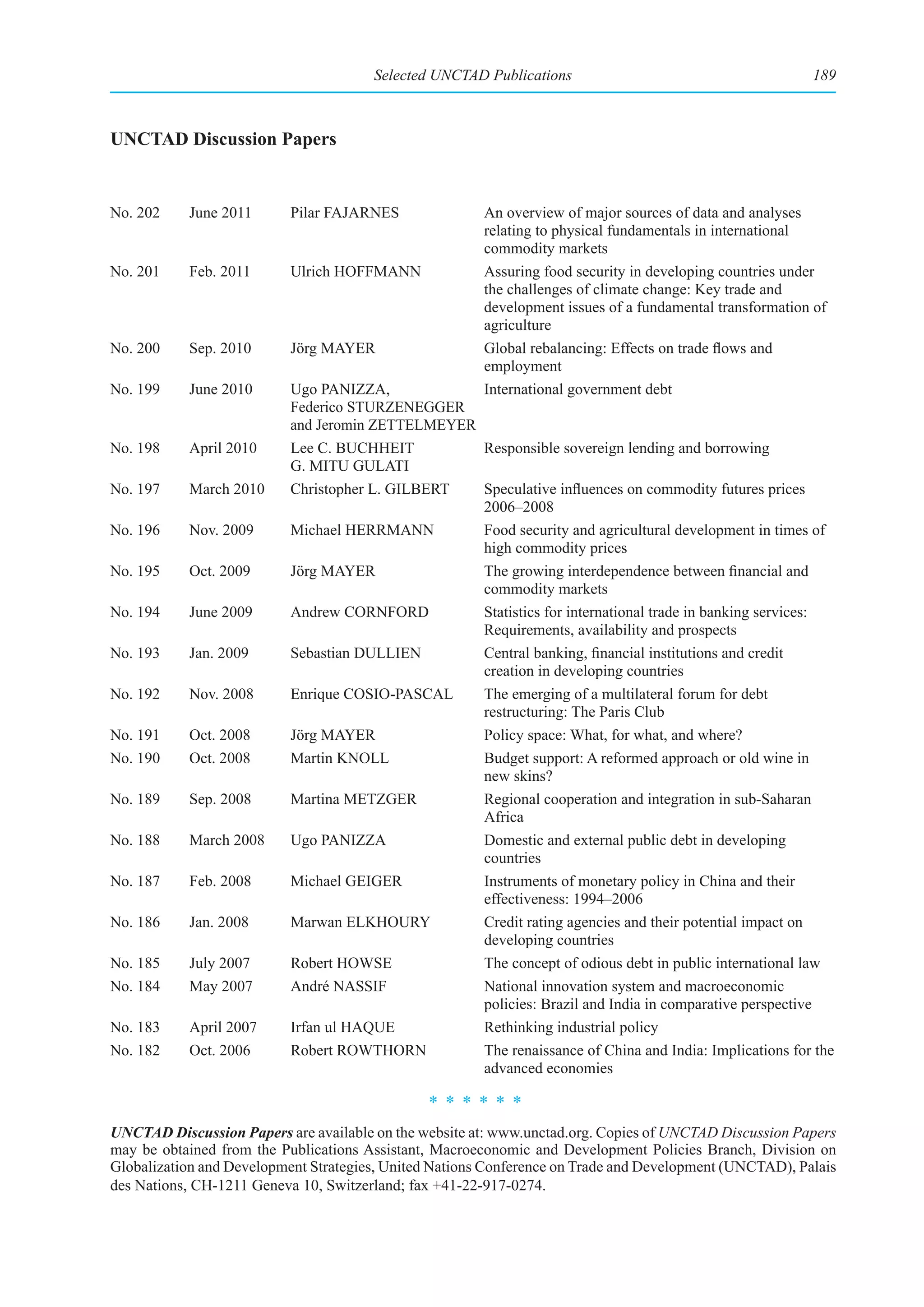 Selected UNCTAD Publications                                       189



UNCTAD Discussion Papers


No. 202    June 2011       Pilar FAJARNES               An overview of major sources of data and analyses
                                                        relating to physical fundamentals in international
                                                        commodity markets
No. 201    Feb. 2011       Ulrich HOFFMANN              Assuring food security in developing countries under
                                                        the challenges of climate change: Key trade and
                                                        development issues of a fundamental transformation of
                                                        agriculture
No. 200    Sep. 2010       Jörg MAYER                   Global rebalancing: Effects on trade flows and
                                                        employment
No. 199    June 2010       Ugo PANIZZA,                 International government debt
                           Federico STURZENEGGER
                           and Jeromin ZETTELMEYER
No. 198    April 2010      Lee C. BUCHHEIT         Responsible sovereign lending and borrowing
                           G. MITU GULATI
No. 197    March 2010      Christopher L. GILBERT  Speculative influences on commodity futures prices
                                                   2006–2008
No. 196    Nov. 2009       Michael HERRMANN        Food security and agricultural development in times of
                                                   high commodity prices
No. 195    Oct. 2009       Jörg MAYER              The growing interdependence between financial and
                                                   commodity markets
No. 194    June 2009       Andrew CORNFORD         Statistics for international trade in banking services:
                                                   Requirements, availability and prospects
No. 193    Jan. 2009       Sebastian DULLIEN       Central banking, financial institutions and credit
                                                   creation in developing countries
No. 192    Nov. 2008       Enrique COSIO-PASCAL    The emerging of a multilateral forum for debt
                                                   restructuring: The Paris Club
No. 191    Oct. 2008       Jörg MAYER              Policy space: What, for what, and where?
No. 190    Oct. 2008       Martin KNOLL            Budget support: A reformed approach or old wine in
                                                   new skins?
No. 189    Sep. 2008       Martina METZGER         Regional cooperation and integration in sub-Saharan
                                                   Africa
No. 188    March 2008      Ugo PANIZZA             Domestic and external public debt in developing
                                                   countries
No. 187    Feb. 2008       Michael GEIGER          Instruments of monetary policy in China and their
                                                   effectiveness: 1994–2006
No. 186    Jan. 2008       Marwan ELKHOURY         Credit rating agencies and their potential impact on
                                                   developing countries
No. 185    July 2007       Robert HOWSE            The concept of odious debt in public international law
No. 184    May 2007        André NASSIF            National innovation system and macroeconomic
                                                   policies: Brazil and India in comparative perspective
No. 183    April 2007      Irfan ul HAQUE          Rethinking industrial policy
No. 182    Oct. 2006       Robert ROWTHORN         The renaissance of China and India: Implications for the
                                                   advanced economies
                                               ******

UNCTAD Discussion Papers are available on the website at: www.unctad.org. Copies of UNCTAD Discussion Papers
may be obtained from the Publications Assistant, Macroeconomic and Development Policies Branch, Division on
Globalization and Development Strategies, United Nations Conference on Trade and Development (UNCTAD), Palais
des Nations, CH-1211 Geneva 10, Switzerland; fax +41-22-917-0274.
 