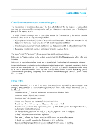 xi


                                                                                        Explanatory notes



Classification by country or commodity group
The	 classification	 of	 countries	 in	 this	 Report	 has	 been	 adopted	 solely	 for	 the	 purposes	 of	 statistical	 or	
analytical	convenience	and	does	not	necessarily	imply	any	judgement	concerning	the	stage	of	development	
of	a	particular	country	or	area.	
	
The	 major	 country	 groupings	 used	 in	 this	 Report	 follow	 the	 classification	 by	 the	 United	 Nations	
Statistical	office	(UNSo).	They	are	distinguished	as:	
  »	 Developed	or	industrial(ized)	countries:	the	countries	members	of	the	oeCD	(other	than	Mexico,	the	
     Republic	of	Korea	and	Turkey)	plus	the	new	eU	member	countries	and	israel.	
  »	 Transition	economies	refers	to	South-east	europe	and	the	Commonwealth	of	independent	States	(CiS).
  »	 Developing	countries:	all	countries,	territories	or	areas	not	specified	above.

The	terms	“country”	/	“economy”	refer,	as	appropriate,	also	to	territories	or	areas.
References	 to	 “latin	America”	 in	 the	 text	 or	 tables	 include	 the	 Caribbean	 countries	 unless	 otherwise	
indicated.
References	to	“sub-Saharan	Africa”	in	the	text	or	tables	include	South	Africa	unless	otherwise	indicated.
For	statistical	purposes,	regional	groupings	and	classifications	by	commodity	group	used	in	this	Report	follow	
generally	those	employed	in	the	UNCTAD Handbook of Statistics 2010	(United	Nations	publication,	sales	
no.	b.10.ii.D.1)	unless	otherwise	stated.	The	data	for	China	do	not	include	those	for	Hong	Kong	Special	
Administrative	Region	(Hong	Kong	SAR),	Macao	Special	Administrative	Region	(Macao	SAR)	and	Taiwan	
Province	of	China.



Other notes
References	 in	 the	 text	 to	 TDR	 are	 to	 the	 Trade and Development Report	 (of	 a	 particular	 year).	 For	
example,	TDR 2010	refers	to	Trade and Development Report, 2010	(United	Nations	publication,	sales	no.	
e.10.ii.D.3).	
     The	term	“dollar”	($)	refers	to	United	States	dollars,	unless	otherwise	stated.
     The	term	“billion”	signifies	1,000	million.
     The	term	“tons”	refers	to	metric	tons.
     Annual	rates	of	growth	and	change	refer	to	compound	rates.
     exports	are	valued	Fob	and	imports	CiF,	unless	otherwise	specified.
     Use	of	a	dash	(–)	between	dates	representing	years,	e.g.	1988–1990,	signifies	the	full	period	involved,	
     including	the	initial	and	final	years.
     An	oblique	stroke	(/)	between	two	years,	e.g.	2000/01,	signifies	a	fiscal	or	crop	year.
     A	dot	(.)	indicates	that	the	item	is	not	applicable.
     Two	dots	(..)	indicate	that	the	data	are	not	available,	or	are	not	separately	reported.
     A	dash	(-)	or	a	zero	(0)	indicates	that	the	amount	is	nil	or	negligible.
     Decimals	and	percentages	do	not	necessarily	add	up	to	totals	because	of	rounding.
 