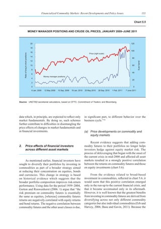Financialized Commodity Markets: Recent Developments and Policy Issues                                                 131


                                                                                                                                                          Chart 5.5


                                        money manager posItIons and Crude oIl prICes, January 2009–June 2011



                                         20                                                                                                            120

                                         18
                                                                                                                                                       100
                                         16
                                                                                                          Price (right scale)
     Ratio of long to short positions




                                         14
                                                                                                                                                        80
                                         12




                                                                                                                                                                $ per barrel
                                         10                                                                                                             60

                                          8
                                                                                                                                                        40
                                          6
                                                         Money manager positions
                                          4
                                                                                                                                                        20
                                          2

                                          0                                                                                                               0
                                          6 Jan. 2009     12 May 2009   15 Sep. 2009   19 Jan. 2010   25 May 2010    28 Sep. 2010   1 Feb. 2011   7 June 2011




Source: UNCTAD secretariat calculations, based on CFTC, Commitment of Traders; and Bloomberg.




data which, in principle, are expected to reflect only                                                in significant part, to different behavior over the
market fundamentals. By doing so, such schemes                                                        business cycle.” 24
further contribute to difficulties in disentangling the
price effects of changes in market fundamentals and
in financial investments.                                                                             (a) Price developments on commodity and
                                                                                                          equity markets

                                                                                                           Recent evidence suggests that adding com-
2.	 Price	effects	of	financial	investors	                                                             modity futures to their portfolios no longer helps
    across different asset markets                                                                    investors hedge against equity market risk. The
                                                                                                      process of deleveraging that began with the onset of
                                                                                                      the current crisis in mid-2008 and affected all asset
     As mentioned earlier, financial investors have                                                   markets resulted in a strongly positive correlation
sought to diversify their portfolios by investing in                                                  between the returns on commodity futures and those
commodities as part of a broader strategy aimed                                                       on equity investments (chart 5.6).
at reducing their concentration on equities, bonds
and currencies. This change in strategy is based                                                           From the evidence related to broad-based
on historical evidence which suggests that the                                                        investment in commodities, reflected in chart 5.6, it
broader portfolio composition improves risk-return                                                    would seem that this positive correlation emerged
performance. Using data for the period 1959–2004,                                                     only in the run-up to the current financial crisis, and
Gorton and Rouwenhorst (2006: 1) argue that “the                                                      that it became accentuated only in its aftermath.
risk premium on commodity futures is essentially                                                      However, it is well known that the greatest benefits
the same as equities, [whereas] commodity futures                                                     from investing in commodity futures are derived from
returns are negatively correlated with equity returns                                                 diversifying across not only different commodity
and bond returns. The negative correlation between                                                    categories but also individual commodities (Erb and
commodity futures and the other asset classes is due,                                                 Harvey, 2006; Basu and Gavin, 2011). Because the
 