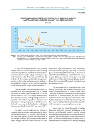 The Global Monetary Order and the International Trading System                                     163


                                                                                                                        Chart 6.2


                InflatIon and short-term Interest rates In emergIng market
                   and transItIon eConomIes, January 1996–february 2011
                                                               (Per cent)


       60


       50
                                                      Interest rate

       40


       30


       20


       10
                       CPI-based inflation
        0
            1996    1997   1998    1999      2000   2001   2002       2003   2004   2005   2006   2007   2008   2009   2010 2011



Source: UNCTAD secretariat calculations, based on IMF, International Financial Statistics database.
  Note: Emerging market and transition economies include Brazil, Chile, Colombia, the Czech Republic, Hungary, India, Indonesia,
        Malaysia, Mexico, the Philippines, Poland, Romania, Singapore, South Africa, Thailand and Turkey. Emerging market averages
        are PPP-based GDP weighted using 2005 weights.




      In order for monetary policies to successfully                    to maintain high interest rates if other instruments
support national economic objectives while avoiding                     of macroeconomic policy, especially an incomes
external disequilibrium, an effective external adjust-                  policy, were employed more broadly, as discussed in
ment mechanism is needed to help central banks cope                     TDR 2010. Indeed adopting such instruments would
with external shocks. At present, central banks try                     enlarge the macroeconomic policy space in general,
to deal with this problem unilaterally, through inter-                  and would avoid the risk of attracting large, destabi-
vention in the foreign exchange market, leading to                      lizing short-term capital flows each time inflationary
accumulation of reserves, or they may impose certain                    pressures occurred.
restrictions on private capital inflows or outflows.
                                                                              The amounts involved in carry trade have been
      Currency market intervention and reserve accu-                    huge in recent years, and they have dominated most
mulation have been used systematically to counter                       of the other determinants of overall capital flows.
the effects of volatile capital flows (chart 6.3). In the               There may be statistical limitations to establishing the
second quarter of 2007, for example, Brazil’s central                   full amount of such movements, but their existence
bank purchased dollars, corresponding in amount to                      and domination is the only logical explanation for the
almost the entire inflow of portfolio investments and                   fact that, despite massive interventions, exchange rates
other inflows during that period. South Africa’s cen-                   have been moved against the fundamentals repeatedly,
tral bank intervened similarly when the rand started                    with interruptions only during financial crises.
to appreciate sharply in late 2009 and early 2010.
                                                                              Carry trade is a classical example of trading
     Normally, central banks are not willing to                         behaviour that feeds on itself. In addition to the
reduce short-term interest rates aggressively to dis-                   interest rate differential, investors are also gaining
courage these inflows. As a result, capital flows of                    from the exchange rate appreciation they themselves
the carry-trade type are resilient, and intervention in                 generate, and this further fuels carry-trade specula-
the foreign exchange market can soon become an                          tion. The resulting overshooting of exchange rates, as
uphill struggle. However, there would be less need                      experienced over the past decade in many emerging
 