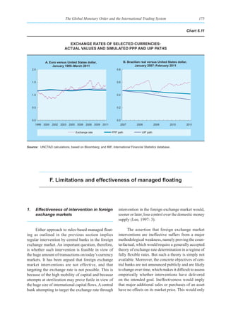 The Global Monetary Order and the International Trading System                                  175


                                                                                                                    Chart 6.11


                            exChange rates of seleCted CurrenCIes:
                          aCtual values and sImulated ppp and uIp paths


             A. Euro versus United States dollar,                      B. Brazilian real versus United States dollar,
                  January 1999–March 2011                                      January 2007–February 2011
     2.0                                                       0.8



     1.5                                                       0.6



     1.0                                                       0.4



     0.5                                                       0.2



     0.0                                                       0.0
       1999 2000 2002 2003 2005 2006 2008 2009 2011               2007          2008           2009     2010        2011

                                  Exchange rate             PPP path                UIP path




Source: UNCTAD calculations, based on Bloomberg; and IMF, International Financial Statistics database.




                F. Limitations and effectiveness of managed floating




1.     Effectiveness of intervention in foreign                  intervention in the foreign exchange market would,
       exchange markets                                          sooner or later, lose control over the domestic money
                                                                 supply (Lee, 1997: 3).

     Either approach to rules-based managed float-                     The assertion that foreign exchange market
ing as outlined in the previous section implies                  interventions are ineffective suffers from a major
regular intervention by central banks in the foreign             methodological weakness, namely proving the coun-
exchange market. An important question, therefore,               terfactual, which would require a generally accepted
is whether such intervention is feasible in view of              theory of exchange rate determination in a regime of
the huge amount of transactions on today’s currency              fully flexible rates. But such a theory is simply not
markets. It has been argued that foreign exchange                available. Moreover, the concrete objectives of cen-
market interventions are not effective, and that                 tral banks are not announced publicly and are likely
targeting the exchange rate is not possible. This is             to change over time, which makes it difficult to assess
because of the high mobility of capital and because              empirically whether interventions have delivered
attempts at sterilization may prove futile in view of            on the intended goal. Ineffectiveness would imply
the huge size of international capital flows. A central          that major additional sales or purchases of an asset
bank attempting to target the exchange rate through              have no effects on its market price. This would only
 