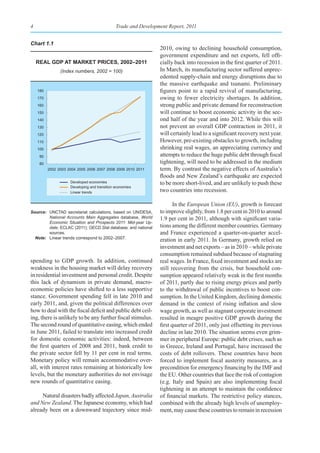 4                                              Trade and Development Report, 2011


Chart 1.1
                                                                 2010, owing to declining household consumption,
                                                                 government expenditure and net exports, fell offi-
    real gdp at market prICes, 2002–2011                         cially back into recession in the first quarter of 2011.
                (Index numbers, 2002 = 100)                      In March, its manufacturing sector suffered unprec-
                                                                 edented supply-chain and energy disruptions due to
                                                                 the massive earthquake and tsunami. Preliminary
    180                                                          figures point to a rapid revival of manufacturing,
    170                                                          owing to fewer electricity shortages. In addition,
    160                                                          strong public and private demand for reconstruction
    150                                                          will continue to boost economic activity in the sec-
    140                                                          ond half of the year and into 2012. While this will
    130                                                          not prevent an overall GDP contraction in 2011, it
    120                                                          will certainly lead to a significant recovery next year.
    110                                                          However, pre-existing obstacles to growth, including
    100                                                          shrinking real wages, an appreciating currency and
     90                                                          attempts to reduce the huge public debt through fiscal
     80                                                          tightening, will need to be addressed in the medium
          2002 2003 2004 2005 2006 2007 2008 2009 2010 2011      term. By contrast the negative effects of Australia’s
                                                                 floods and New Zealand’s earthquake are expected
                     Developed economies                         to be more short-lived, and are unlikely to push these
                     Developing and transition economies
                     Linear trends                               two countries into recession.

                                                                        In the European Union (EU), growth is forecast
Source: UNCTAD secretariat calculations, based on UN/DESA,       to improve slightly, from 1.8 per cent in 2010 to around
        National Accounts Main Aggregates database, World        1.9 per cent in 2011, although with significant varia-
        Economic Situation and Prospects 2011: Mid-year Up-
        date; ECLAC (2011); OECD.Stat database; and national     tions among the different member countries. Germany
        sources.                                                 and France experienced a quarter-on-quarter accel-
  Note: Linear trends correspond to 2002–2007.
                                                                 eration in early 2011. In Germany, growth relied on
                                                                 investment and net exports – as in 2010 – while private
                                                                 consumption remained subdued because of stagnating
spending to GDP growth. In addition, continued                   real wages. In France, fixed investment and stocks are
weakness in the housing market will delay recovery               still recovering from the crisis, but household con-
in residential investment and personal credit. Despite           sumption appeared relatively weak in the first months
this lack of dynamism in private demand, macro-                  of 2011, partly due to rising energy prices and partly
economic policies have shifted to a less supportive              to the withdrawal of public incentives to boost con-
stance. Government spending fell in late 2010 and                sumption. In the United Kingdom, declining domestic
early 2011, and, given the political differences over            demand in the context of rising inflation and slow
how to deal with the fiscal deficit and public debt ceil-        wage growth, as well as stagnant corporate investment
ing, there is unlikely to be any further fiscal stimulus.        resulted in meagre positive GDP growth during the
The second round of quantitative easing, which ended             first quarter of 2011, only just offsetting its previous
in June 2011, failed to translate into increased credit          decline in late 2010. The situation seems even grim-
for domestic economic activities: indeed, between                mer in peripheral Europe: public debt crises, such as
the first quarters of 2008 and 2011, bank credit to              in Greece, Ireland and Portugal, have increased the
the private sector fell by 11 per cent in real terms.            costs of debt rollovers. These countries have been
Monetary policy will remain accommodative over-                  forced to implement fiscal austerity measures, as a
all, with interest rates remaining at historically low           precondition for emergency financing by the IMF and
levels, but the monetary authorities do not envisage             the EU. Other countries that face the risk of contagion
new rounds of quantitative easing.                               (e.g. Italy and Spain) are also implementing fiscal
                                                                 tightening in an attempt to maintain the confidence
     Natural disasters badly affected Japan, Australia           of financial markets. The restrictive policy stances,
and New Zealand. The Japanese economy, which had                 combined with the already high levels of unemploy-
already been on a downward trajectory since mid-                 ment, may cause these countries to remain in recession
 