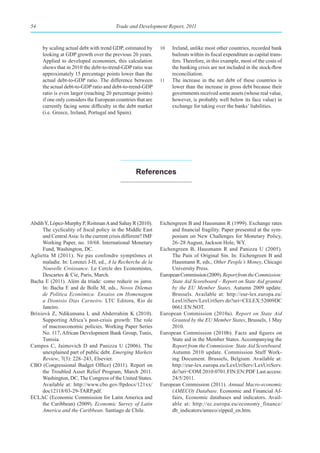 54                                       Trade and Development Report, 2011



     by scaling actual debt with trend GDP, estimated by      10   Ireland, unlike most other countries, recorded bank
     looking at GDP growth over the previous 20 years.             bailouts within its fiscal expenditure as capital trans-
     Applied to developed economies, this calculation              fers. Therefore, in this example, most of the costs of
     shows that in 2010 the debt-to-trend-GDP ratio was            the banking crisis are not included in the stock-flow
     approximately 15 percentage points lower than the             reconciliation.
     actual debt-to-GDP ratio. The difference between         11   The increase in the net debt of these countries is
     the actual debt-to-GDP ratio and debt-to-trend-GDP            lower than the increase in gross debt because their
     ratio is even larger (reaching 20 percentage points)          governments received some assets (whose real value,
     if one only considers the European countries that are         however, is probably well below its face value) in
     currently facing some difficulty in the debt market           exchange for taking over the banks’ liabilities.
     (i.e. Greece, Ireland, Portugal and Spain).




                                                  references




Abdih Y, López-Murphy P, Roitman A and Sahay R (2010).        Eichengreen B and Hausmann R (1999). Exchange rates
     The cyclicality of fiscal policy in the Middle East           and financial fragility. Paper presented at the sym-
     and Central Asia: Is the current crisis different? IMF        posium on New Challenges for Monetary Policy,
     Working Paper, no. 10/68. International Monetary              26–28 August, Jackson Hole, WY.
     Fund, Washington, DC.                                    Eichengreen B, Hausmann R and Panizza U (2005).
Aglietta M (2011). Ne pas confondre symptômes et                   The Pain of Original Sin. In: Eichengreen B and
     maladie. In: Lorenzi J-H, ed., A la Recherche de la           Hausmann R, eds., Other People’s Money, Chicago
     Nouvelle Croissance. Le Cercle des Economistes,               University Press.
     Descartes & Cie, Paris, March.                           European Commission (2009). Report from the Commission:
Bacha E (2011). Além da tríade: como reduzir os juros.             State Aid Scoreboard – Report on State Aid granted
     In: Bacha E and de Bolle M, eds., Novos Dilemas               by the EU Member States, Autumn 2009 update.
     de Política Econômica: Ensaios em Homenagem                   Brussels. Available at: http://eur-lex.europa.eu/
     a Dionisio Dias Carneiro. LTC Editora, Rio de                 LexUriServ/LexUriServ.do?uri=CELEX:52009DC
     Janeiro.                                                      0661:EN:NOT.
Brixiová Z, Ndikumana L and Abderrahim K (2010).              European Commission (2010a). Report on State Aid
     Supporting Africa’s post-crisis growth: The role              Granted by the EU Member States, Brussels, 1 May
     of macroeconomic policies. Working Paper Series               2010.
     No. 117, African Development Bank Group, Tunis,          European Commission (2010b). Facts and figures on
     Tunisia.                                                      State aid in the Member States. Accompanying the
Campos C, Jaimovich D and Panizza U (2006). The                    Report from the Commission: State Aid Scoreboard,
     unexplained part of public debt. Emerging Markets             Autumn 2010 update. Commission Staff Work-
     Review, 7(3): 228–243, Elsevier.                              ing Document. Brussels, Belgium. Available at:
CBO (Congressional Budget Office) (2011). Report on                http://eur-lex.europa.eu/LexUriServ/LexUriServ.
     the Troubled Asset Relief Program, March 2011.                do?uri=COM:2010:0701:FIN:EN:PDF Last access:
     Washington, DC, The Congress of the United States.            24/5/2011.
     Available at: http://www.cbo.gov/ftpdocs/121xx/          European Commission (2011). Annual Macro-economic
     doc12118/03-29-TARP.pdf.                                      (AMECO) Database. Economic and Financial Af-
ECLAC (Economic Commission for Latin America and                   fairs, Economic databases and indicators. Avail-
     the Caribbean) (2009). Economic Survey of Latin               able at: http://ec.europa.eu/economy_finance/
     America and the Caribbean. Santiago de Chile.                 db_indicators/ameco/zipped_en.htm.
 