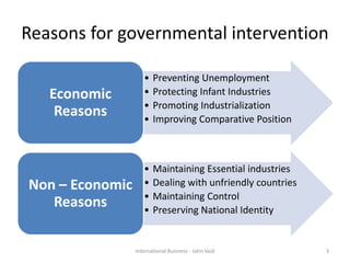 Reasons for governmental intervention
• Preventing Unemployment
• Protecting Infant Industries
• Promoting Industrialization
• Improving Comparative Position
Economic
Reasons
• Maintaining Essential industries
• Dealing with unfriendly countries
• Maintaining Control
• Preserving National Identity
Non – Economic
Reasons
3International Business - Jatin Vaid
 