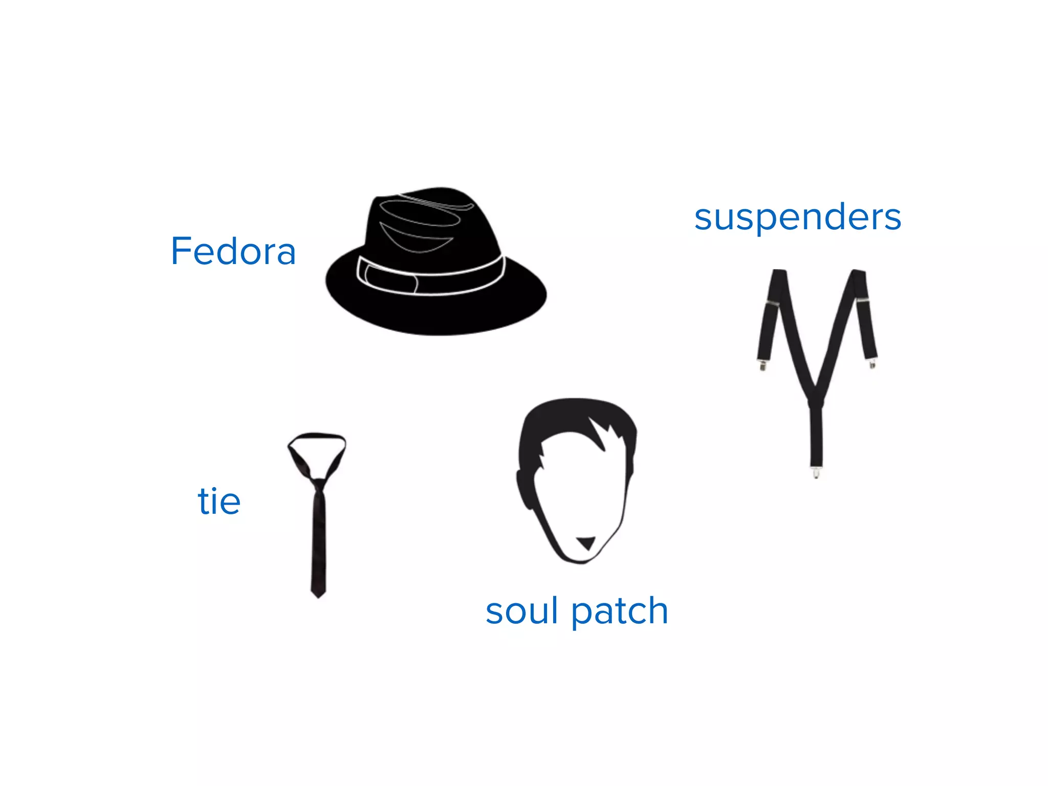 Fedora
tie
soul patch
suspenders
 