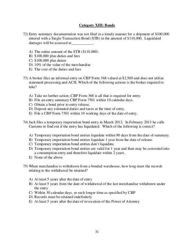 trade customs exam questions form 7501