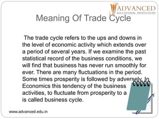 Meaning Of Trade Cycle
The trade cycle refers to the ups and downs in
the level of economic activity which extends over
a period of several years. If we examine the past
statistical record of the business conditions, we
will find that business has never run smoothly for
ever. There are many fluctuations in the period.
Some times prosperity is followed by adversely. In
Economics this tendency of the business
activities, to fluctuate from prosperity to adversely
is called business cycle.
www.advanced.edu.in
 