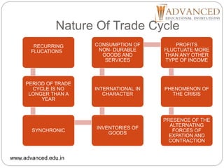 Nature Of Trade Cycle
RECURRING
FLUCATIONS
PERIOD OF TRADE
CYCLE IS NO
LONGER THAN A
YEAR
SYNCHRONIC
INVENTORIES OF
GOODS
INTERNATIONAL IN
CHARACTER
CONSUMPTION OF
NON- DURABLE
GOODS AND
SERVICES
PROFITS
FLUCTUATE MORE
THAN ANY OTHER
TYPE OF INCOME
PHENOMENON OF
THE CRISIS
PRESENCE OF THE
ALTERNATING
FORCES OF
EXPATION AND
CONTRACTION
www.advanced.edu.in
 