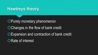 Hawtreys theory
Purely monetary phenomenon
Changes in the flow of bank credit
Expansion and contraction of bank credit
Rate of interest
 