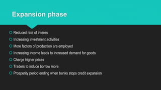 Expansion phase
 Reduced rate of interes
 Increasing investment activities
 More factors of production are employed
 Increasing income leads to increased demand for goods
 Charge higher prices
 Traders to induce borrow more
 Prosperity period ending when banks stops credit expansion
 