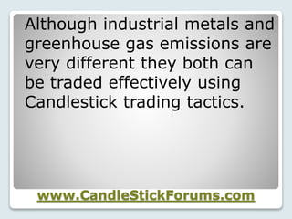 www.CandleStickForums.com
Although industrial metals and
greenhouse gas emissions are
very different they both can
be traded effectively using
Candlestick trading tactics.
 