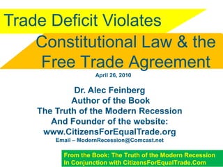 Violates Constitutional Law  Dr. Alec Feinberg Author of the Book The Truth of the Modern Recession And Founder of the website: www.CitizensForEqualTrade.org Email – ModernRecession@Comcast.net Trade Deficit Tax Losses April 26, 2010 