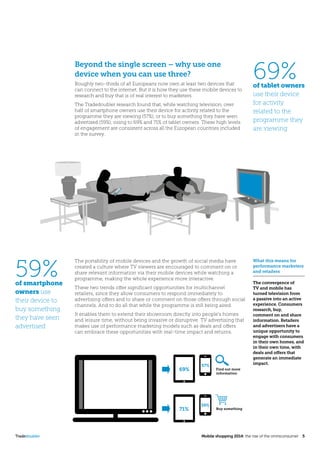 Tradedoubler	 Mobile shopping 2014: the rise of the omniconsumer 5
Beyond the single screen – why use one
device when you can use three?
Roughly two-thirds of all Europeans now own at least two devices that
can connect to the internet. But it is how they use these mobile devices to
research and buy that is of real interest to marketers.
The Tradedoubler research found that, while watching television, over
half of smartphone owners use their device for activity related to the
programme they are viewing (57%), or to buy something they have seen
advertised (59%); rising to 69% and 71% of tablet owners. These high levels
of engagement are consistent across all the European countries included
in the survey.
What this means for
performance marketers
and retailers
The convergence of
TV and mobile has
turned television from
a passive into an active
experience. Consumers
research, buy,
comment on and share
information. Retailers
and advertisers have a
unique opportunity to
engage with consumers
in their own homes, and
in their own time, with
deals and offers that
generate an immediate
impact.
The portability of mobile devices and the growth of social media have
created a culture where TV viewers are encouraged to comment on or
share relevant information via their mobile devices while watching a
programme, making the whole experience more interactive.
These two trends offer significant opportunities for multichannel
retailers, since they allow consumers to respond immediately to
advertising offers and to share or comment on those offers through social
channels. And to do all that while the programme is still being aired.
It enables them to extend their showroom directly into people’s homes
and leisure time, without being invasive or disruptive. TV advertising that
makes use of performance marketing models such as deals and offers
can embrace these opportunities with real-time impact and returns.
69%of tablet owners
use their device
for activity
related to the
programme they
are viewing
59%of smartphone
owners use
their device to
buy something
they have seen
advertised
Find out more
information
Buy something
69%
57%
71%
59%
 