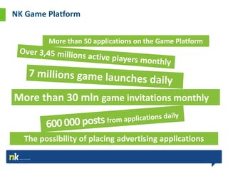 NK Game Platform


         More than 50 applications on the Game Platform




More than 30 mln game invitations monthly


  The possibility of placing advertising applications
 