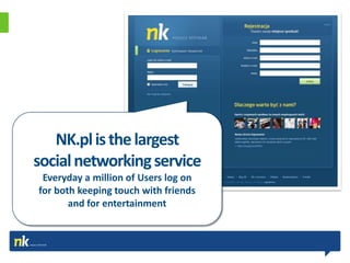 NK.pl is the largest
social networking service
 Everyday a million of Users log on
for both keeping touch with friends
       and for entertainment
 