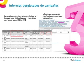 Informes desglosados de campañas

                                             Informe por segmento
 Para cada conversión, sabemos el día y la   clasificado por soportes o
 hora de cada click, el estado y más datos   transacciones
 con las variables EPI1 y EPI2




30                                           30
 
