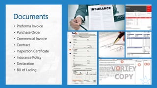 Documents
• Proforma Invoice
• Purchase Order
• Commercial Invoice
• Contract
• Inspection Certificate
• Insurance Policy
• Declaration
• Bill of Lading
 