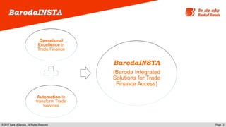 BarodaINSTA
© 2017 Bank of Baroda. All Rights Reserved Page | 2
Operational
Excellence in
Trade Finance
Automation to
transform Trade
Services
BarodaINSTA
(Baroda Integrated
Solutions for Trade
Finance Access)
BarodaINSTA
 
