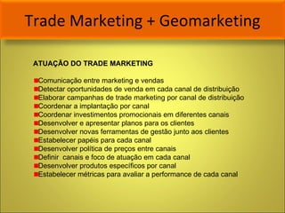 Trade Marketing + Geomarketing ATUAÇÃO DO TRADE MARKETING Comunicação entre marketing e vendas Detectar oportunidades de venda em cada canal de distribuição Elaborar campanhas de trade marketing por canal de distribuição Coordenar a implantação por canal Coordenar investimentos promocionais em diferentes canais Desenvolver e apresentar planos para os clientes Desenvolver novas ferramentas de gestão junto aos clientes Estabelecer papéis para cada canal Desenvolver política de preços entre canais Definir  canais e foco de atuação em cada canal Desenvolver produtos específicos por canal Estabelecer métricas para avaliar a performance de cada canal  