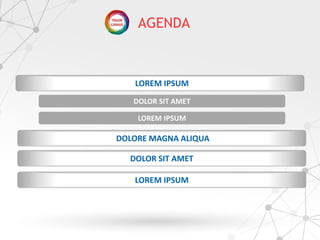 DOLORE MAGNA ALIQUA
DOLOR SIT AMET
DOLOR SIT AMET
LOREM IPSUM
LOREM IPSUM
LOREM IPSUM
AGENDA
 