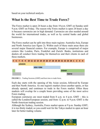 based on your technical analysis.
What Is the Best Time to Trade Forex?
The Forex market is open 24 hours a day from 10 p.m. GMT on Sunday until
9 p.m. GMT on Friday. The reason why Forex market is open 24 hours a day
is because currencies are in high demand. Currencies are also needed around
the world for international trades, as well as by central banks and global
businesses.
The Forex market can be split into three main regions: Australia-Asia, Europe
and North America (see figure 2). Within each of these main areas there are
several major financial centers. For example, Europe is comprised of major
centers like London, Paris, Frankfurt and Zurich. Banks, institutions and
dealers all conduct forex trading for themselves and their clients in each of
these markets.
FIGURE 2 . Trading Sessions (GMT) and best time to trade forex.
Each day starts with the opening of the Asian session, followed by Europe
and then North America. As one region's market closes another opens, or has
already opened, and continues to trade in the Forex market. Often these
markets will overlap for a couple hours providing some of the most active
Forex trading.
European currencies are most traded from 8 a.m. to 4 p.m. GMT – this is
called the London/European session, and from 12 p.m. to 9 p.m. GMT is the
North-American trading session.
Although the Sydney, Australia, Forex market opens at 9 p.m. Sunday GMT,
it is too thinly traded, so you could wait for the Tokyo market to open an hour
later for better trading volume.
 