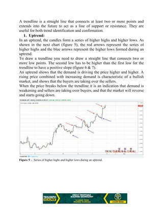 A trendline is a straight line that connects at least two or more points and
extends into the future to act as a line of support or resistance. They are
useful for both trend identification and confirmation.
1. Uptrend:
In an uptrend, the candles form a series of higher highs and higher lows. As
shown in the next chart (figure 5), the red arrows represent the series of
higher highs and the blue arrows represent the higher lows formed during an
uptrend.
To draw a trendline you need to draw a straight line that connects two or
more low points. The second low has to be higher than the first low for the
trendline to have a positive slope (figure 6 & 7).
An uptrend shows that the demand is driving the price higher and higher. A
rising price combined with increasing demand is characteristic of a bullish
market, and shows that the buyers are taking over the sellers.
When the price breaks below the trendline it is an indication that demand is
weakening and sellers are taking over buyers, and that the market will reverse
and starts going down.
Figure 5 . Series of higher highs and higher lows during an uptrend.
 
