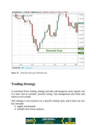 Figure 34 . Drop-base-rally type of demand zone.
Trading Strategy
A consistent Forex trading strategy provides advantageous entry signals, but
it is also vital to consider: position sizing, risk management and when and
where to exit a trade.
This strategy is not exclusive to a specific trading style, and it does use two
key concepts:
supply and demand,
multiple time frame analysis.
 