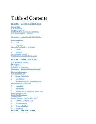 Table of Contents
CHAPTER 1 GETTING STARTED IN FOREX
What Is Forex?
Why Trading Forex?
How Does Forex Work?
How Can We Make Money in the Forex Market?
What Is the Best Time to Trade Forex?
CHAPTER 2 NAKED TRADING APPROACH
How to Read a Chart
1. Chart:
2. Candlesticks:
Identify the Trend and Draw the Trendline
1. Uptrend:
2. Downtrend:
Retracements and Reversals
Understanding Multiple Time Frame Analysis
CHAPTER 3 SUPPLY AND DEMAND
What Is Supply and Demand?
Law of Supply
Law of Demand
Equilibrium vs Disequilibrium
CHAPTER 4 EXECUTING THE STRATEGY
Choose Your Trading Style
Build Your Trading Plan
1. General Trading Rules:
2. Key Questions:
3. What are the benefits of using a trading plan?
Identify Supply and Demand Zones
1. Supply Zone:
2. Demand Zone:
3. What are the types of supply and demand zones?
How to Draw Supply Zone
How to Draw Demand Zone
Trading Strategy
How Do You Choose High Probability Zones?
1. Fresh Level vs Original Level
2. Overlapping Zones
3. Reward-to-Risk Ratio
4. Price Action
CHAPTER 5 RISK MANAGEMENT
 