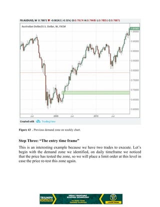 Figure 43 . Previous demand zone on weekly chart.
Step Three: “The entry time frame”
This is an interesting example because we have two trades to execute. Let’s
begin with the demand zone we identified, on daily timeframe we noticed
that the price has tested the zone, so we will place a limit order at this level in
case the price re-test this zone again.
 