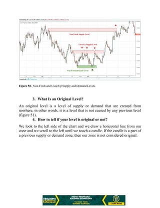 Figure 50. Non-Fresh and Used Up Supply and Demand Levels.
3. What Is an Original Level?
An original level is a level of supply or demand that are created from
nowhere, in other words, it is a level that is not caused by any previous level
(figure 51).
4. How to tell if your level is original or not?
We look to the left side of the chart and we draw a horizontal line from our
zone and we scroll to the left until we touch a candle. If the candle is a part of
a previous supply or demand zone, then our zone is not considered original.
 