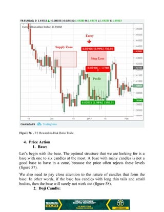 Figure 56 . 2:1 Reward-to-Risk Ratio Trade.
4. Price Action
1. Base:
Let’s begin with the base. The optimal structure that we are looking for is a
base with one to six candles at the most. A base with many candles is not a
good base to have in a zone, because the price often rejects these levels
(figure 57).
We also need to pay close attention to the nature of candles that form the
base. In other words, if the base has candles with long thin tails and small
bodies, then the base will surely not work out (figure 58).
2. Doji Candle:
 