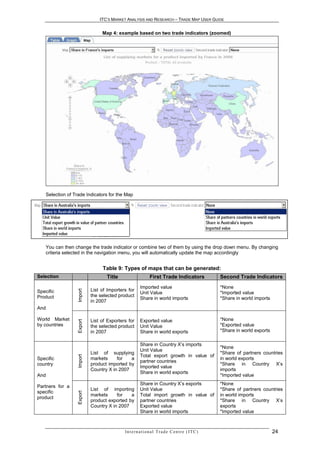 ITC’S MARKET ANALYSIS AND RESEARCH – TRADE MAP USER GUIDE


                                 Map 4: example based on two trade indicators (zoomed)




    Selection of Trade Indicators for the Map




    You can then change the trade indicator or combine two of them by using the drop down menu. By changing
    criteria selected in the navigation menu, you will automatically update the map accordingly


                                 Table 9: Types of maps that can be generated:
Selection                          Title                      First Trade Indicators                   Second Trade Indicators
                                                       Imported value                                  *None
                            List of Importers for
                   Import




Specific                                               Unit Value                                      *Imported value
Product                     the selected product
                                                       Share in world imports                          *Share in world imports
                            in 2007
And

World Market                List of Exporters for      Exported value                                  *None
                   Export




by countries                the selected product       Unit Value                                      *Exported value
                            in 2007                    Share in world exports                          *Share in world exports

                                                       Share in Country X’s imports
                                                                                                       *None
                                                       Unit Value
                            List of supplying                                                          *Share of partners countries
                                                       Total export growth in value of
                   Import




Specific                    markets     for   a                                                        in world exports
                                                       partner countries
country                     product imported by                                                        *Share in Country X’s
                                                       Imported value
                            Country X in 2007                                                          imports
                                                       Share in world exports
And                                                                                                    *Imported value
                                                       Share in Country X’s exports                    *None
Partners for a
                            List of importing          Unit Value                                      *Share of partners countries
specific
                   Export




                            markets     for   a        Total import growth in value of                 in world imports
product
                            product exported by        partner countries                               *Share in Country X’s
                            Country X in 2007          Exported value                                  exports
                                                       Share in world imports                          *Imported value



                                            In t e r n a t i o n a l T r a d e C e n t r e ( I T C )                             24
 