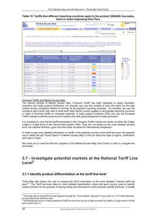 ITC’S MARKET ANALYSIS AND RESEARCH – TRADE MAP USER GUIDE


Table 15: Tariffs that different importing countries apply to the product (080440) Avocados,
                              fresh or dried originating from Peru.




Compare Tariffs with Market Access Map:
The second module of Market Access Map, Compare Tariffs has been designed to assist exporters,
importers and trade support institutions. An exporter can use this module to scan the world for the best
market access conditions offered to him/her by all possible importing countries. An importer can use the
module to get a birds’ eye view of what tariff rates his/her country applies to all possible exporting countries
in order to minimize tariffs on imported materials. A trade support institution (TSI) can use the Compare
Tariffs module to identify products and markets that offer good prospects for trade promotion.

It is important to note that the tariffs presented in the Compare Tariffs module are shown at either the 2-digit,
4-digit or 6-digit level of the Harmonized System (HS). They are not shown at the most detailed product
level, the national tariff line, given this level does not allow for international comparison.

In order to get more detailed information on tariffs in the selected country at the tariff line level, the exporter
has to select the tab “Quick Search” in Market Access Map to find out about the type of regime, certification
and rules of origin.

We invite you to read the first two chapters of the Market Access Map User Guide in order to navigate the
tool easily.




3 . 7 - I n ve s t i g a t e p o t e n t i a l m a r k e t s a t t h e N a t i o n a l Ta r i f f L i n e
L e ve l 5

3.7.1 Identify product differentiation at the tariff line level

Trade Map also allows the user to analyze the HS-6 information at the more detailed “national tariff line
      6
level” . The Tariff line level refers to more detailed classification codes that each country uses to classify
traded products for the purpose of levying duties and otherwise to more precisely identify products. It usually


5
  The trade data at the tariff line level appears through the “Times Series” approach. If you click on “+”in Trade Indicators,
you get data at the tariff line level.
6
  Sometimes the source of data published at tariff line level and source of data provided by UNSD at 6-digit level is not the
same (see Annex 1)

37                                         In t e r n a t i o n a l T r a d e C e n t r e ( I T C )
 