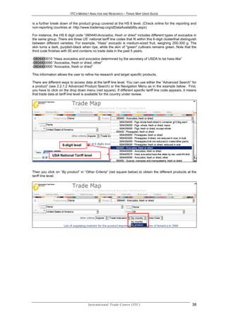 ITC’S MARKET ANALYSIS AND RESEARCH – TRADE MAP USER GUIDE


is a further break down of the product group covered at the HS 6 level. (Check online for the reporting and
non-reporting countries at http://www.trademap.org/stDataAvailability.aspx)

For instance, the HS 6 digit code “080440-Avocados, fresh or dried” includes different types of avocados in
the same group. There are three US’ national tariff line codes that fit within this 6-digit clusterthat distinguish
between different varieties. For example, “Hass” avocado is medium-sized fruit, weighing 200-300 g. The
skin turns a dark, purplish-black when ripe, while the skin of "green" cultivars remains green. Note that the
third code finishes with 00 and contains no trade data in the past 5 years.

-0804400010 “Hass avocados and avocados determined by the secretary of USDA to be hass-like”
-0804400090 “Avocados, fresh or dried, other”
-0804400000 “Avocados, fresh or dried”

This information allows the user to refine his research and target specific products.

There are different ways to access data at the tariff line level. You can use either the “Advanced Search” for
a product” (see 2.2.1.2 Advanced Product Search) or the Navigation Menu as in the example below. First,
you have to click on the drop down menu (red square). If different specific tariff line code appears, it means
that trade data at tariff line level is available for the country under review.




                     6-digit level


              USA National Tariff level



Then you click on “By product” in “Other Criteria” (red square below) to obtain the different products at the
tariff line level.




                                       In t e r n a t i o n a l T r a d e C e n t r e ( I T C )                 38
 