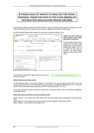 ITC’S MARKET ANALYSIS AND RESEARCH – TRADE MAP USER GUIDE




       A T R AD E AN A L Y S T W AN T S T O AN A L Y S E T H E I N T R A-
       RE GI ON AL T R AD E F OR R IC E IN T HE L AT I N AM E R I C AN
          I N T E G R AT I O N AS S O C I AT I O N R E G I O N ( AL AD I )

Trade Map also allows analysis of trade flows within a region. The trade analyst wants to analyze the current
trade for the product “Rice” inside the Latin American Integration Association (LAIA) region.

As a first step the trade analyst creates his own group of products related to rice.

                                                                                                  Identify the HS codes of
                                                                                                  each products and create
                                                                                                  your group of products::

                                                                                                  First the trade adviser has to
                                                                                                  identify the HS codes at the
                                                                                                  6-digit level of each product
                                                                                                  following the steps in 2.2.1.3
                                                                                                  to create his own group of
                                                                                                  products. The trade adviser
                                                                                                  calls his product group “Rice
                                                                                                  LAIA”.




The following message will appear once your group of
product is created:

Select the region and region partner

On the Selection Menu, if you select “Region” in the Partner box, you will have as first choice your own
country groups then the set of pre-selected regional groups (e.g. COMESA, MERCOSUR, etc.). To see the
full list of the pre-selected regional groups, go to the “my Country Groups” (2.2.2.2).

In this case, the trade analyst would like to identify the intra regional trade in the Latin American Integration
Association (LAIA).

Select the product and regions in the main selection menu

Select “Group” in the Product Box, type “Rice LAIA” and your product group will appear in the drop down
menu.
Select “Region” in the Country box and type “Latin American Integration Association (LAIA)”.
Select “Region” in the Partner box and type LAIA.




67                                     In t e r n a t i o n a l T r a d e C e n t r e ( I T C )
 