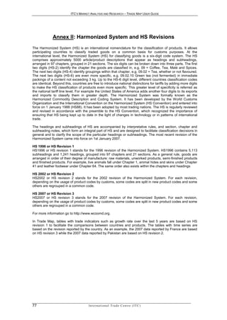 ITC’S MARKET ANALYSIS AND RESEARCH – TRADE MAP USER GUIDE




              Annex II: Harmonized System and HS Revisions
The Harmonized System (HS) is an international nomenclature for the classification of products. It allows
participating countries to classify traded goods on a common basis for customs purposes. At the
international level, the Harmonized System (HS) for classifying goods is a six-digit code system. The HS
comprises approximately 5000 article/product descriptions that appear as headings and subheadings,
arranged in 97 chapters, grouped in 21 sections. The six digits can be broken down into three parts. The first
two digits (HS-2) identify the chapter the goods are classified in, e.g. 09 = Coffee, Tea, Maté and Spices.
The next two digits (HS-4) identify groupings within that chapter, e.g. 09.02 = Tea, whether or not flavoured.
The next two digits (HS-6) are even more specific, e.g. 09.02.10 Green tea (not fermented) in immediate
packings of a content not exceeding 3 kg. Up to the HS-6 digit level, different countries classification codes
are identical. Beyond this, countries are free to introduce national distinctions for tariffs by adding more digits
to make the HS classification of products even more specific. This greater level of specificity is referred as
the national tariff line level. For example the United States of America adds another four digits to its exports
and imports to classify them in greater depth. The Harmonized System was formally known as the
Harmonized Commodity Description and Coding System. It has been developed by the World Customs
Organization and the International Convention on the Harmonized System (HS Convention) and entered into
force on 1 January 1988 (HS88). It has been adopted by most trading nations. The HS is regularly reviewed
and revised in accordance with the preamble to the HS Convention, which recognized the importance of
ensuring that HS being kept up to date in the light of changes in technology or in patterns of international
trade.

The headings and subheadings of HS are accompanied by interpretative rules, and section, chapter and
subheading notes, which form an integral part of HS and are designed to facilitate classification decisions in
general and to clarify the scope of the particular headings or subheadings. The most recent revision of the
Harmonized System came into force on 1st January 2007.

HS 1996 or HS Revision 1
HS1996 or HS revision 1 stands for the 1996 revision of the Harmonized System. HS1996 contains 5,113
subheadings and 1,241 headings, grouped into 97 chapters and 21 sections. As a general rule, goods are
arranged in order of their degree of manufacture: raw materials, unworked products, semi-finished products
and finished products. For example, live animals fall under Chapter 1, animal hides and skins under Chapter
41 and leather footwear under Chapter 64. The same order also exists within the chapters and headings

HS 2002 or HS Revision 2
HS2002 or HS revision 2 stands for the 2002 revision of the Harmonized System. For each revision,
depending on the usage of product codes by customs, some codes are split in new product codes and some
others are regrouped in a common code.

HS 2007 or HS Revision 3
HS2007 or HS revision 3 stands for the 2007 revision of the Harmonized System. For each revision,
depending on the usage of product codes by customs, some codes are split in new product codes and some
others are regrouped in a common code.

For more information go to http://www.wcoomd.org.

In Trade Map, tables with trade indicators such as growth rate over the last 5 years are based on HS
revision 1 to facilitate the comparisons between countries and products. The tables with time series are
based on the revision reported by the country. As an example, the 2007 data reported by France are based
on HS revision 3 while the 2007 data reported by Pakistan are based on HS revision 2.




77                                     In t e r n a t i o n a l T r a d e C e n t r e ( I T C )
 
