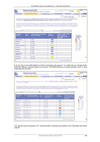 ITC’S MARKET ANALYSIS AND RESEARCH – TRADE MAP USER GUIDE




2- If you click on the tariff applied by France to Ecuador (red square n° 2 in table 39), you will get all the
tariffs that different countries apply to the product “HS-080300 Bananas including plantains, fresh or dried
originating from Ecuador”




You can also see the example in 3.6 - Examine tariffs in potential new markets in the Trade Map User Guide
page 35.




                                     In t e r n a t i o n a l T r a d e C e n t r e ( I T C )              80
 