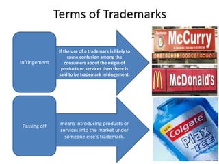 Terms of Trademarks
Infringement
Passing off
If the use of a trademark is likely to
cause confusion among the
consumers about the origin of
products or services then there is
said to be trademark infringement.
means introducing products or
services into the market under
someone else's trademark.
 