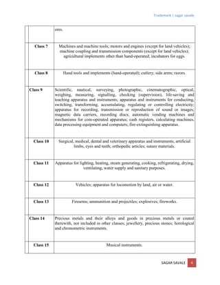 Trademark | sagar savale
SAGAR SAVALE 4
ores.
Class 7 Machines and machine tools; motors and engines (except for land vehicles);
machine coupling and transmission components (except for land vehicles);
agricultural implements other than hand-operated; incubators for eggs.
Class 8 Hand tools and implements (hand-operated); cutlery; side arms; razors.
Class 9 Scientific, nautical, surveying, photographic, cinematographic, optical,
weighing, measuring, signalling, checking (supervision), life-saving and
teaching apparatus and instruments; apparatus and instruments for conducting,
switching, transforming, accumulating, regulating or controlling electricity;
apparatus for recording, transmission or reproduction of sound or images;
magnetic data carriers, recording discs; automatic vending machines and
mechanisms for coin-operated apparatus; cash registers, calculating machines,
data processing equipment and computers; fire-extinguishing apparatus.
Class 10 Surgical, medical, dental and veterinary apparatus and instruments, artificial
limbs, eyes and teeth; orthopedic articles; suture materials.
Class 11 Apparatus for lighting, heating, steam generating, cooking, refrigerating, drying,
ventilating, water supply and sanitary purposes.
Class 12 Vehicles; apparatus for locomotion by land, air or water.
Class 13 Firearms; ammunition and projectiles; explosives; fireworks.
Class 14 Precious metals and their alloys and goods in precious metals or coated
therewith, not included in other classes; jewellery, precious stones; horological
and chronometric instruments.
Class 15 Musical instruments.
 