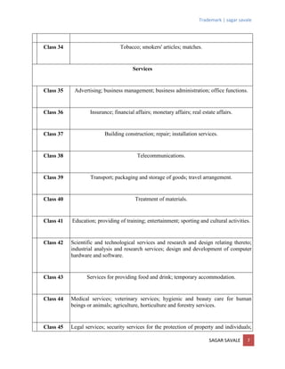 Trademark | sagar savale
SAGAR SAVALE 7
Class 34 Tobacco; smokers' articles; matches.
Services
Class 35 Advertising; business management; business administration; office functions.
Class 36 Insurance; financial affairs; monetary affairs; real estate affairs.
Class 37 Building construction; repair; installation services.
Class 38 Telecommunications.
Class 39 Transport; packaging and storage of goods; travel arrangement.
Class 40 Treatment of materials.
Class 41 Education; providing of training; entertainment; sporting and cultural activities.
Class 42 Scientific and technological services and research and design relating thereto;
industrial analysis and research services; design and development of computer
hardware and software.
Class 43 Services for providing food and drink; temporary accommodation.
Class 44 Medical services; veterinary services; hygienic and beauty care for human
beings or animals; agriculture, horticulture and forestry services.
Class 45 Legal services; security services for the protection of property and individuals;
 