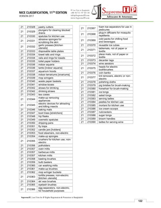 NICE CLASSIFICATION, 11TH EDITION
VERSION 2017
122
SupremeIP, Law Firm for IP Rights Registration & Protection in Bangladesh
21 210328 pastry cutters
21 210329
plungers for clearing blocked
drains
21 210330 spatulas for kitchen use
21 210331
abrasive sponges for
scrubbing the skin
21 210332
garlic presses [kitchen
utensils]
21 210333 disposable table plates
21 210334 towel rails and rings
21 210334 rails and rings for towels
21 210335 toilet paper holders
21 210336 indoor aquaria
21 210336 tanks [indoor aquaria]
21 210337 aquarium hoods
21 210338 indoor terrariums [vivariums]
21 210339 mop wringers
21 210340 waste paper baskets
21 210341 window-boxes
21 210342 straws for drinking
21 210342 drinking straws
21 210343 tea cosies
21 210344
make-up removing
appliances
21 210345
electric devices for attracting
and killing insects
21 210346 baking mats
21 210347 boot trees [stretchers]
21 210348 hip flasks
21 210349 cosmetic spatulas
21 210350 dripping pans
21 210351 fly traps
21 210352 candle jars [holders]
21 210353 food steamers, non-electric
21 210354 make-up sponges
21 210355
crushers for kitchen use, non-
electric
21 210356 potholders
21 210357 oven mitts
21 210357 barbecue mitts
21 210357 kitchen mitts
21 210358 basting brushes
21 210359 bulb basters
21 210360 car washing mitts
21 210361 make-up brushes
21 210362 mop wringer buckets
21 210363
tortilla presses, non-electric
[kitchen utensils]
21 210364 ski wax brushes
21 210365 eyelash brushes
21 210366
egg separators, non-electric,
for household purposes
21 210367
foam toe separators for use in
pedicures
21 210368
plug-in diffusers for mosquito
repellents
21 210369
cold packs for chilling food
and beverages
21 210370 reusable ice cubes
21 210371
tablemats, not of paper or
textile
21 210372
place mats, not of paper or
textile
21 210373 decanter tags
21 210374 wine aerators
21 210375
heads for electric
toothbrushes
21 210376 coin banks
21 210377
lint removers, electric or non-
electric
21 210378 polishing cloths
21 210379 pig bristles for brush-making
21 210380 horsehair for brush-making
21 210381 ice tongs
21 210382 salad tongs
21 210383 serving ladles
21 210384 pestles for kitchen use
21 210385 mortars for kitchen use
21 210386 ice cream scoops
21 210387 nutcrackers
21 210388 sugar tongs
21 210389 broom handles
21 210390 ladles for serving wine
 