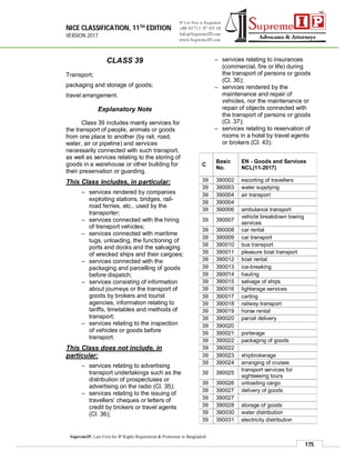 NICE CLASSIFICATION, 11TH EDITION
VERSION 2017
175
SupremeIP, Law Firm for IP Rights Registration & Protection in Bangladesh
CLASS 39
Transport;
packaging and storage of goods;
travel arrangement.
Explanatory Note
Class 39 includes mainly services for
the transport of people, animals or goods
from one place to another (by rail, road,
water, air or pipeline) and services
necessarily connected with such transport,
as well as services relating to the storing of
goods in a warehouse or other building for
their preservation or guarding.
This Class includes, in particular:
– services rendered by companies
exploiting stations, bridges, rail-
road ferries, etc., used by the
transporter;
– services connected with the hiring
of transport vehicles;
– services connected with maritime
tugs, unloading, the functioning of
ports and docks and the salvaging
of wrecked ships and their cargoes;
– services connected with the
packaging and parcelling of goods
before dispatch;
– services consisting of information
about journeys or the transport of
goods by brokers and tourist
agencies, information relating to
tariffs, timetables and methods of
transport;
– services relating to the inspection
of vehicles or goods before
transport.
This Class does not include, in
particular:
– services relating to advertising
transport undertakings such as the
distribution of prospectuses or
advertising on the radio (Cl. 35);
– services relating to the issuing of
travellers’ cheques or letters of
credit by brokers or travel agents
(Cl. 36);
– services relating to insurances
(commercial, fire or life) during
the transport of persons or goods
(Cl. 36);
– services rendered by the
maintenance and repair of
vehicles, nor the maintenance or
repair of objects connected with
the transport of persons or goods
(Cl. 37);
– services relating to reservation of
rooms in a hotel by travel agents
or brokers (Cl. 43).
C
Basic
No.
EN - Goods and Services
NCL(11-2017)
39 390002 escorting of travellers
39 390003 water supplying
39 390004 air transport
39 390004
39 390006 ambulance transport
39 390007
vehicle breakdown towing
services
39 390008 car rental
39 390009 car transport
39 390010 bus transport
39 390011 pleasure boat transport
39 390012 boat rental
39 390013 ice-breaking
39 390014 hauling
39 390015 salvage of ships
39 390016 lighterage services
39 390017 carting
39 390018 railway transport
39 390019 horse rental
39 390020 parcel delivery
39 390020
39 390021 porterage
39 390022 packaging of goods
39 390022
39 390023 shipbrokerage
39 390024 arranging of cruises
39 390025
transport services for
sightseeing tours
39 390026 unloading cargo
39 390027 delivery of goods
39 390027
39 390028 storage of goods
39 390030 water distribution
39 390031 electricity distribution
 