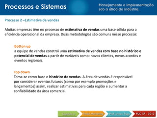 Planejamento e Implementação
sob a ótica da indústria.Processos e Sistemas
Processo 2 –Estimativa de vendas
Muitas empresas têm no processo de estimativa de vendas uma base sólida para a
eficiência operacional da empresa. Duas metodologias são comuns nesse processo:
Botton up
a equipe de vendas constrói uma estimativa de vendas com base no histórico e
potencial de vendas a partir de variáveis como: novos clientes, novos acordos e
eventos regionais.
Top down
Toma-se como base o histórico de vendas. A área de vendas é responsável
por considerar eventos futuros (como por exemplo promoções e
lançamentos) assim, realizar estimativas para cada região e aumentar a
confiabilidade da área comercial.
 